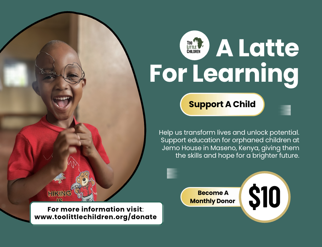 A promotional flyer aimed at supporting education at Jemo House children's home in Kenya. A smiling young child wears a red t-shirt with cartoon character.