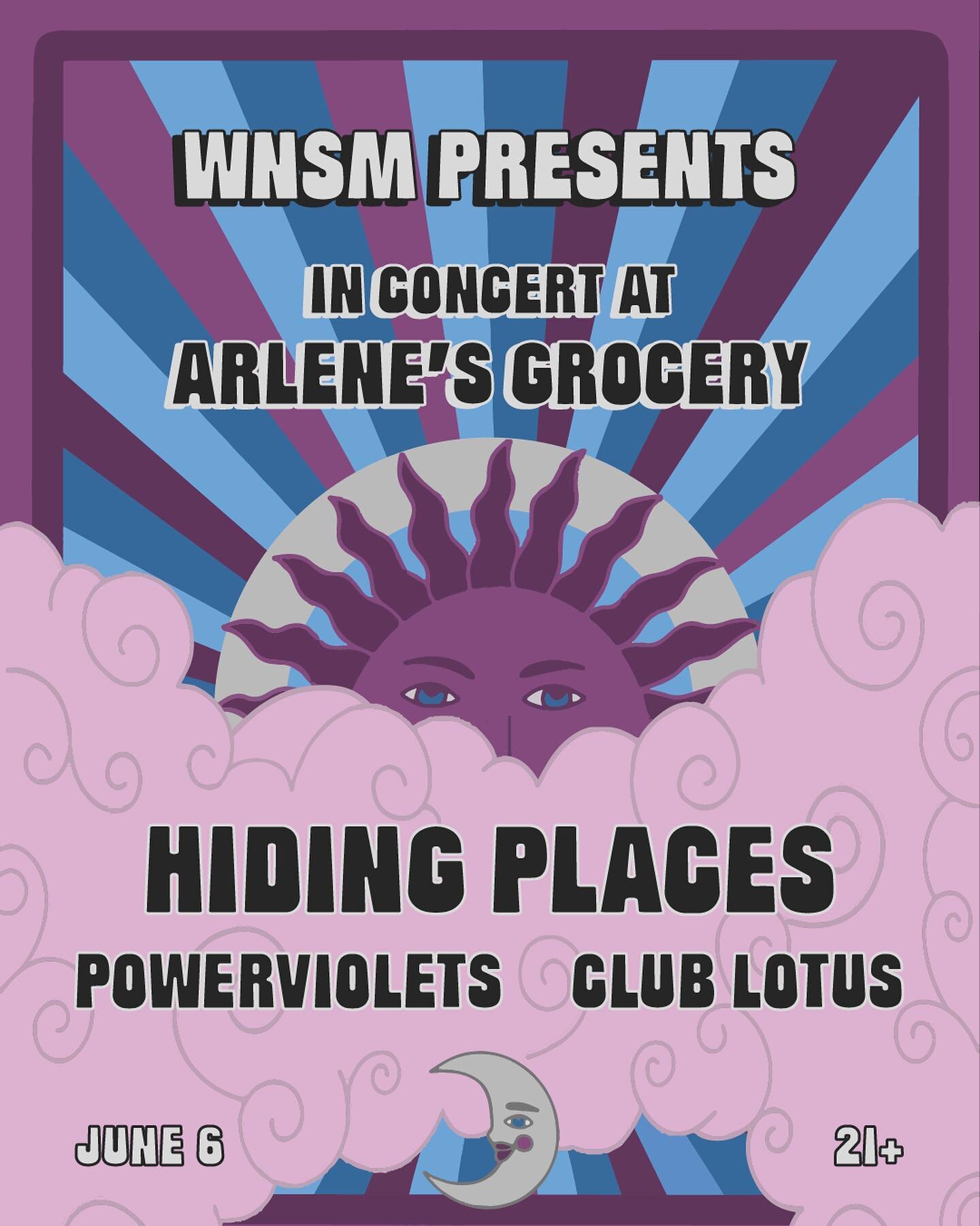 WNSM is SO stoked to announce our first ever radio-sponsored gig!!!! 🌙🎸✨🔮 On June 6th, 2023, three of our favorite NYC bands &mdash; @hidingplacesband, @powerviolets, and @clublotuss &mdash; will take the stage at @arlenesgrocery for an evening of