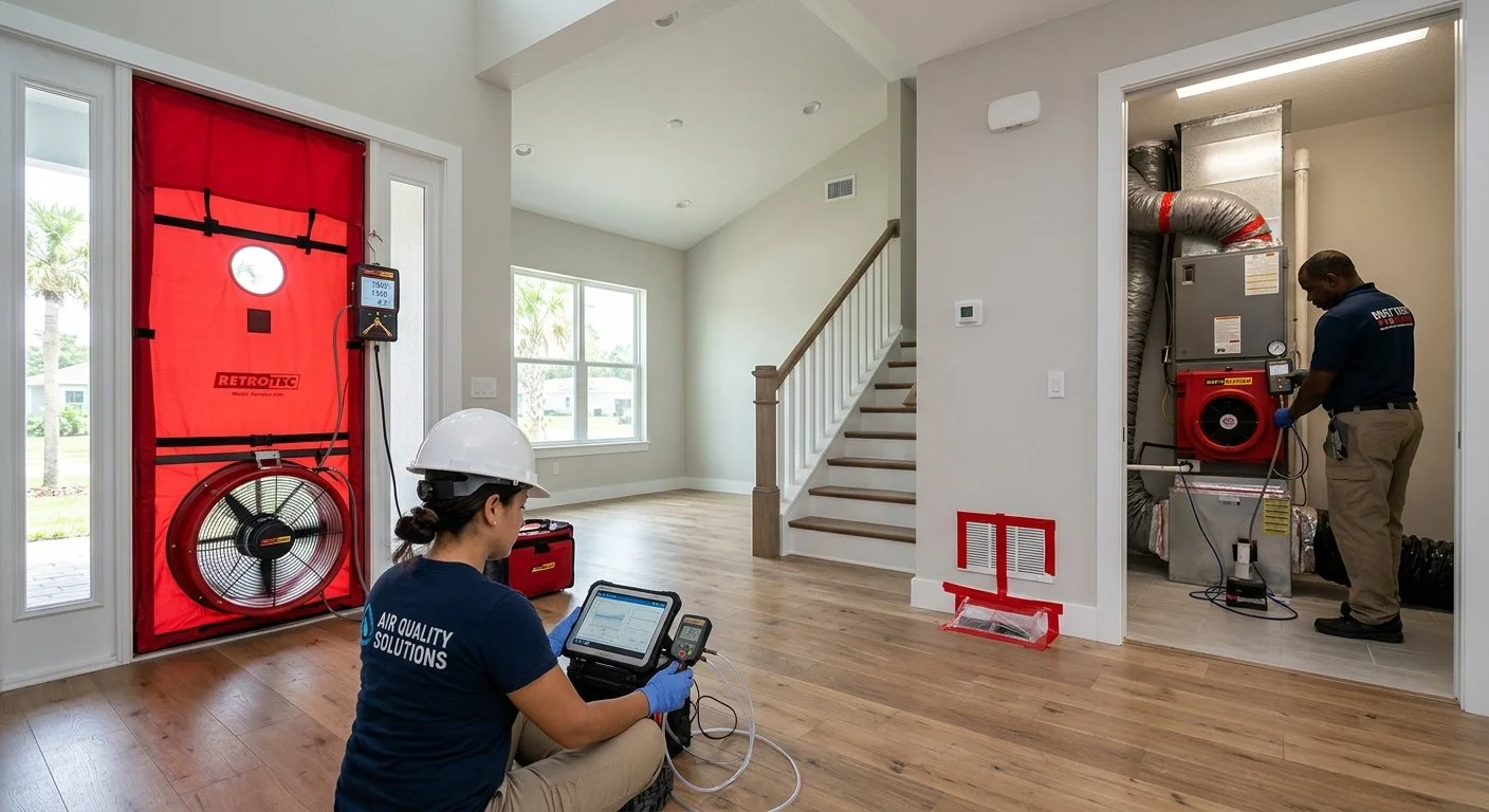 Two technicians in a living room performing air quality testing. One is sitting on the floor with a tablet, and the other is working on heating, ventilation, and air conditioning (HVAC) equipment in a small closet. The room is bright with large windows and hardwood floors.