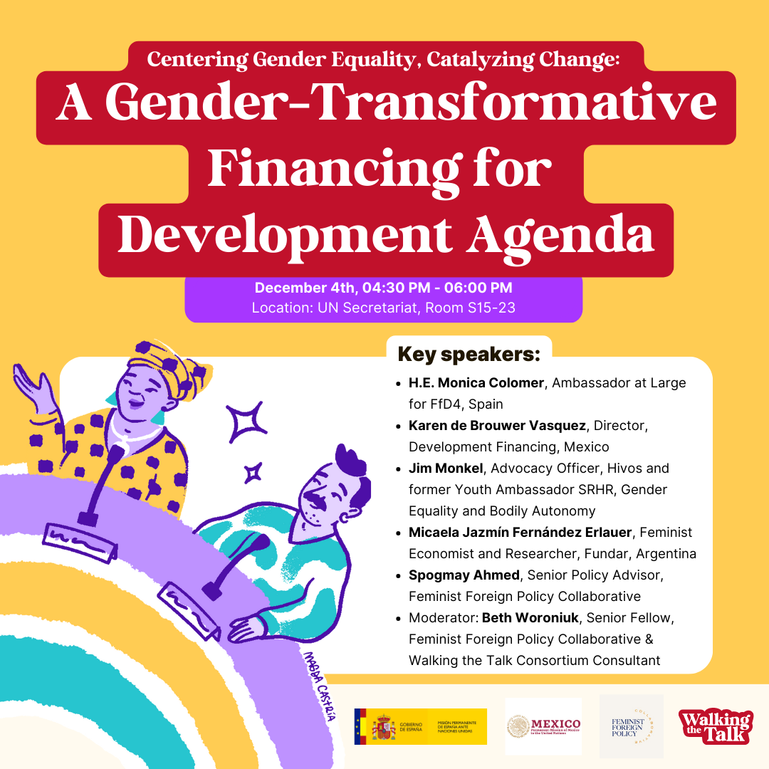 Event poster advertising 'A Gender-Transformative Financing for Development Agenda' discussion, featuring key speakers and scheduled for December 4th, at the UN Secretariat. The poster has illustrations of diverse individuals and includes a list of attendees and their roles.