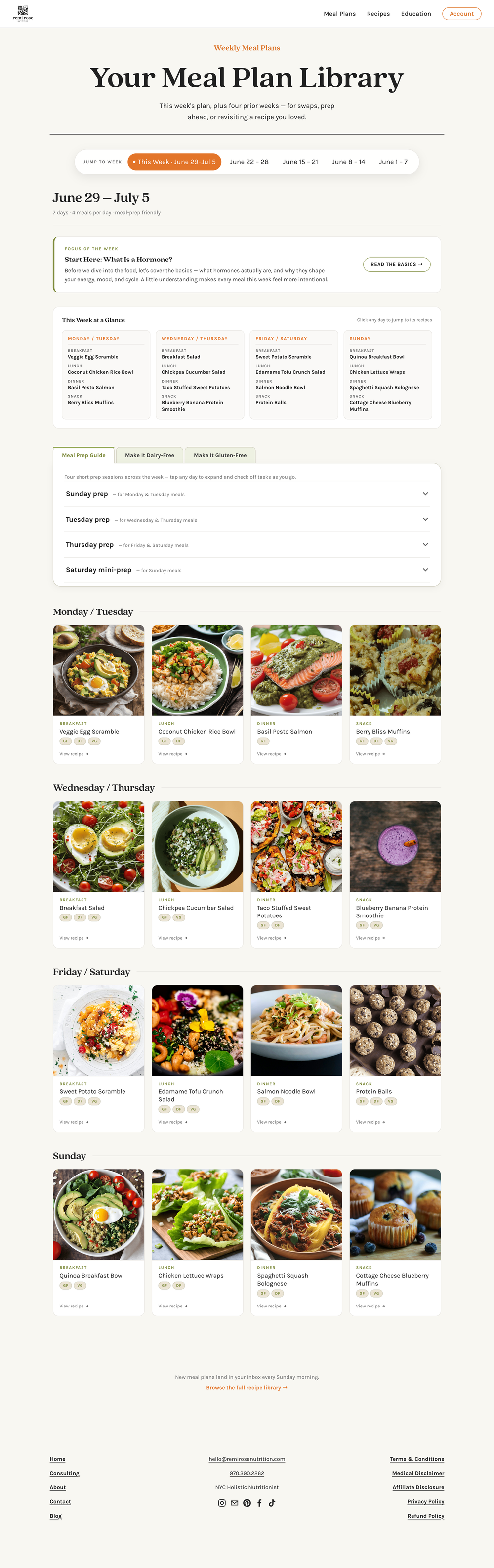 The Rooted weekly meal plan page with a full week of meals and the prep guide