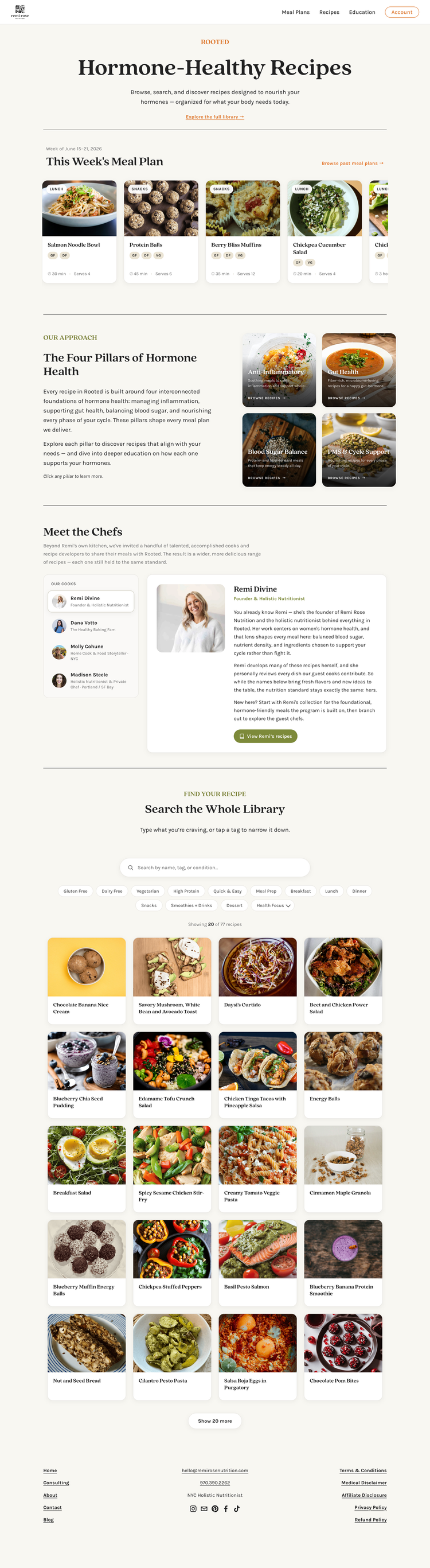 The Rooted recipe library with filterable hormone-supportive recipes