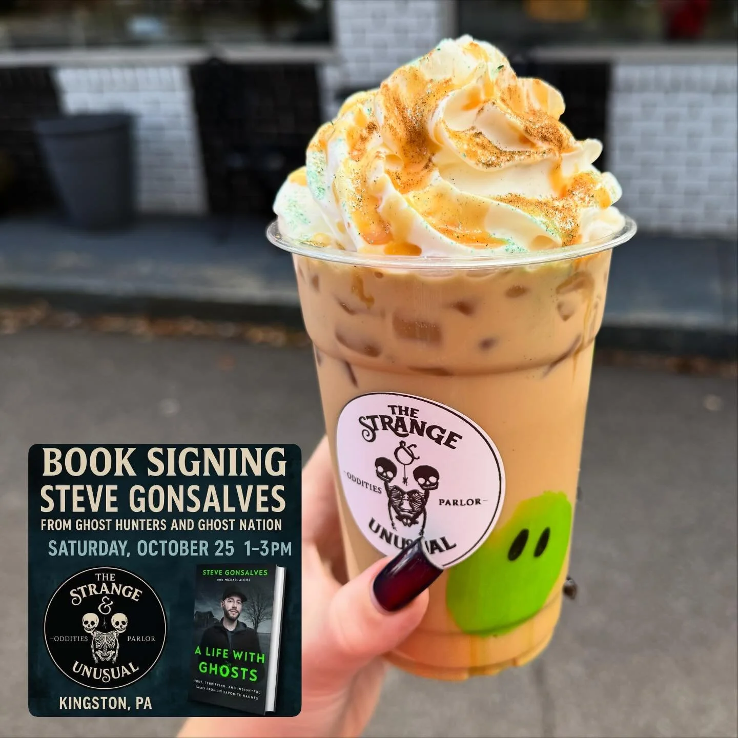 In honor of @stevegonsalvesofficial book signing tomorrow we will have the Ghost Hunters Latte available for one day only! A caramel apple butter flavored latte with night vision ghosts 👻 Available while supplies last only on 10/25✨