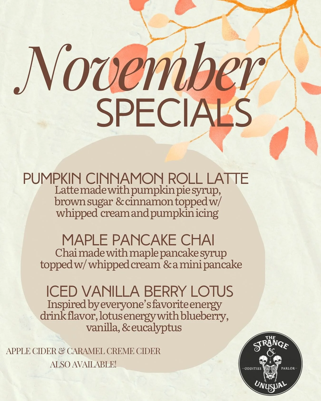 November specials for Strange Brew are here! Available starting tomorrow, 11/7. 🍂 

Tag someone you&rsquo;ll bring for a coffee date, and we will pick 3 winners tomorrow to receive a free drink on us! 

See you soon ✨