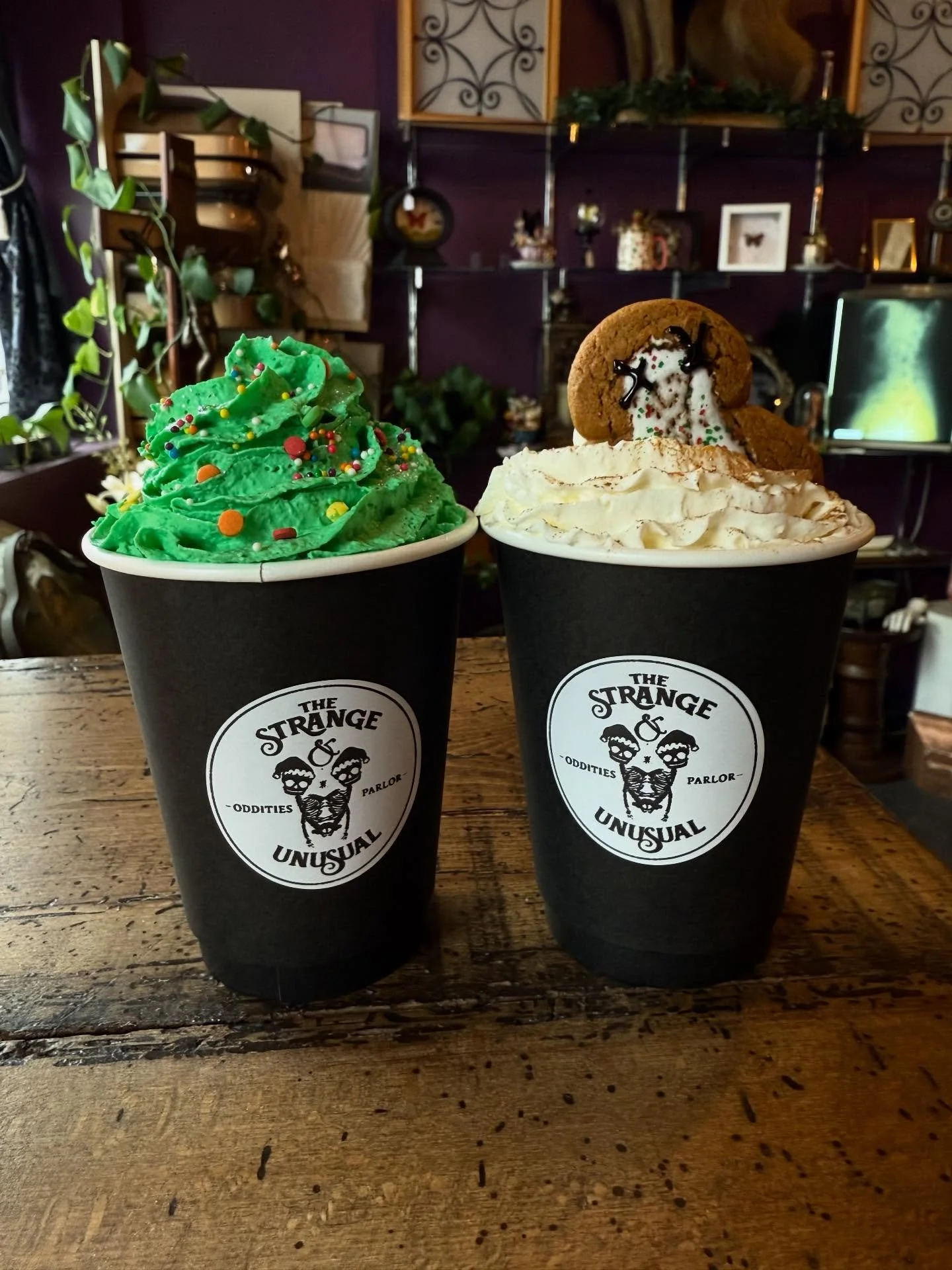 Our December specials are here!

The Christmas Tree Latte- a chocolate cupcake flavored latte with a green whip Christmas tree on top ⭐️ 

Ginger-dead Chai- gingerbread flavored chai latte with a gingerbread man sacrifice 🔪 

Krampus&rsquo; Cranberr