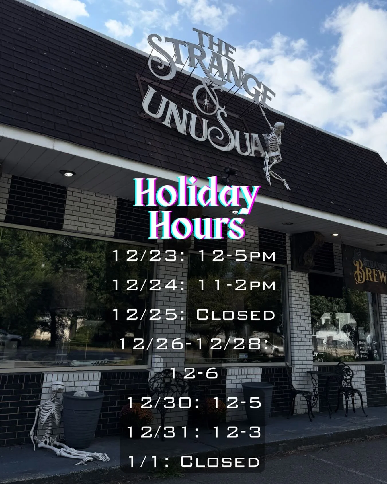 Our hours for the upcoming holiday weeks! We are open 12-5pm today and 12-6pm Friday-Sunday ✨