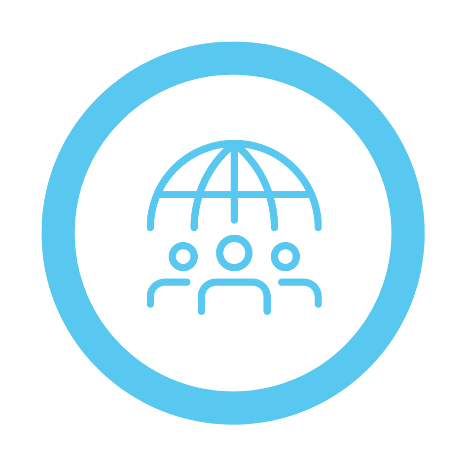 blue line icon of three people with a globe beyond them