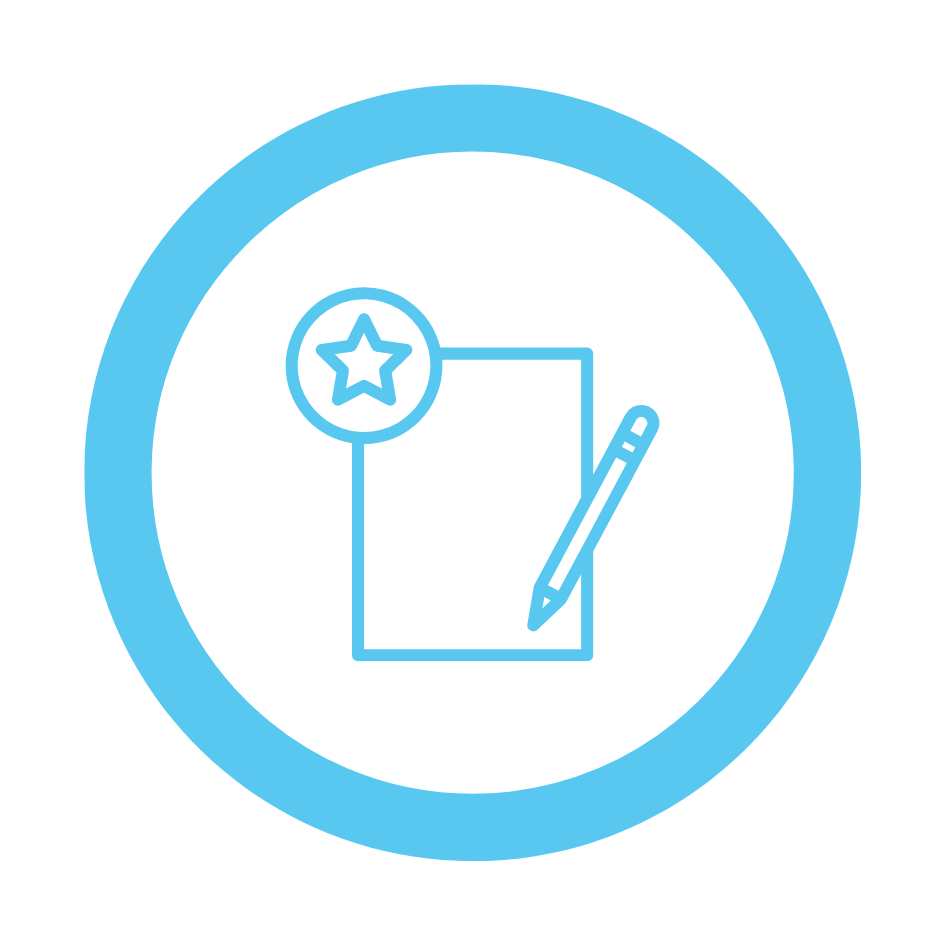 blue line icon of a piece of paper, a pencil, with a star in the top left corner