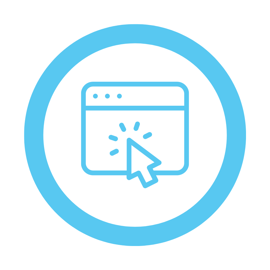 Blue line icon of a browser window with a cursor clicking