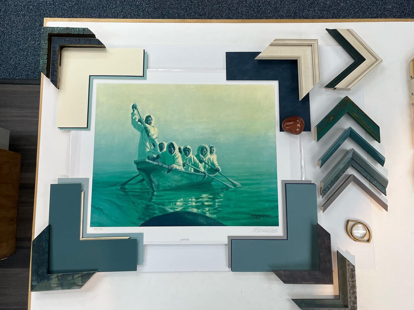 With so many options, drop the art off and let me set up some designs for you to start with. 
This customer wants to try to stay away from green frames and mats, and wants something more modern than the typical white mat and gold frame that we often 