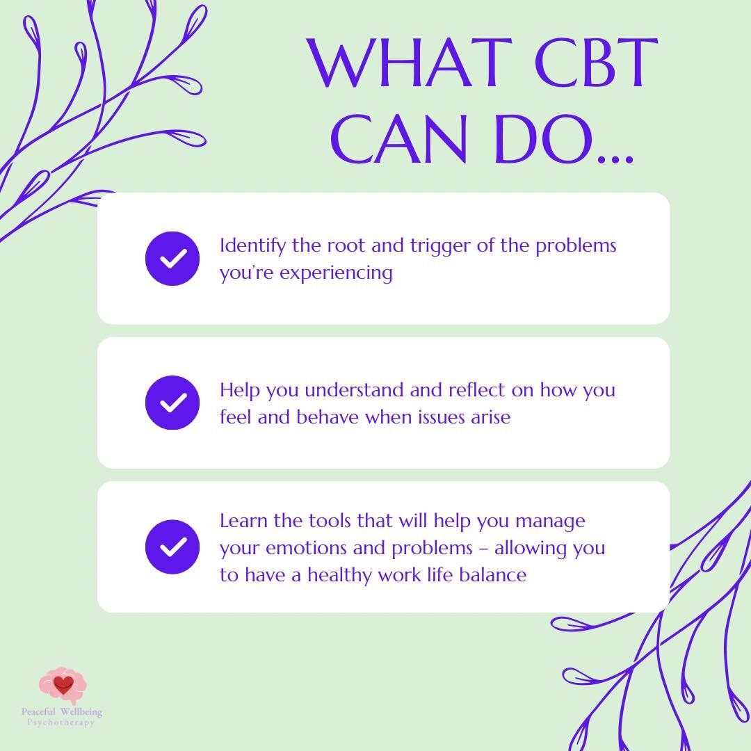 There are so many benefits of CBT!

Check them out here! If you are interested in CBT sessions, please do get in touch with us. Peaceful Wellbeing offers complimentary 15 minute consultations, why not give it a go? 💫

#peacefulwellbeing #psychothera