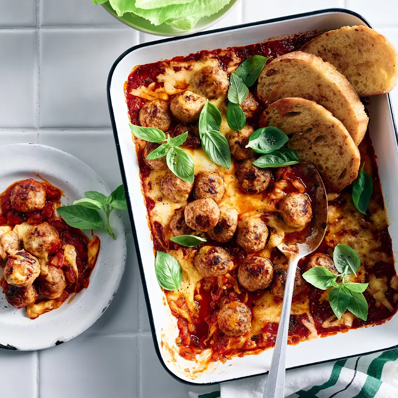 Cheesy Meatball Bake with Crusty Garlic Bread