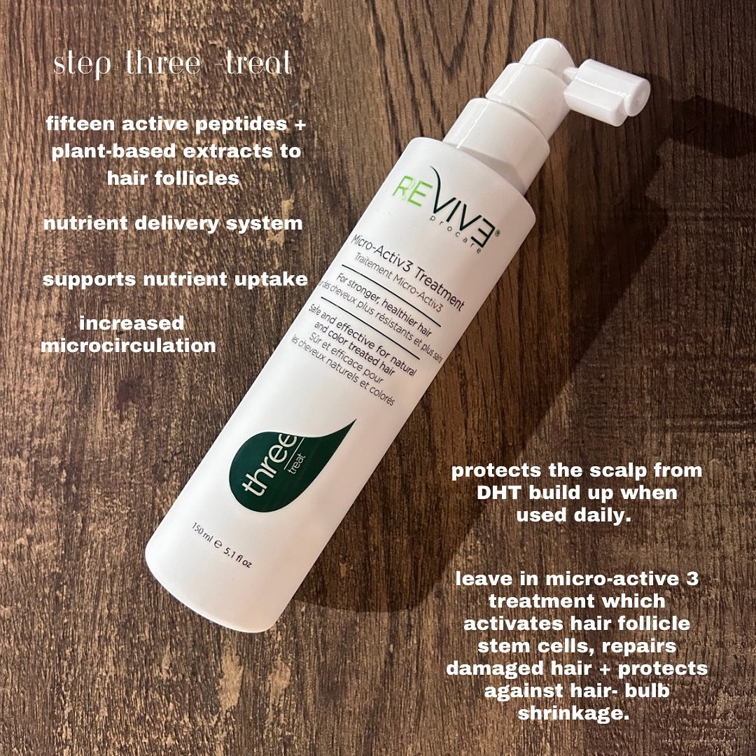 Step 3- Treat
&ndash; Naturally based Micro Activ3 treatment Delivering 15 active peptides and plant-based extracts to your hair follicles, Reviv3 Treat is a leave-in Micro-Activ3 treatment that activates your hair follicle stem cells, repairs damage