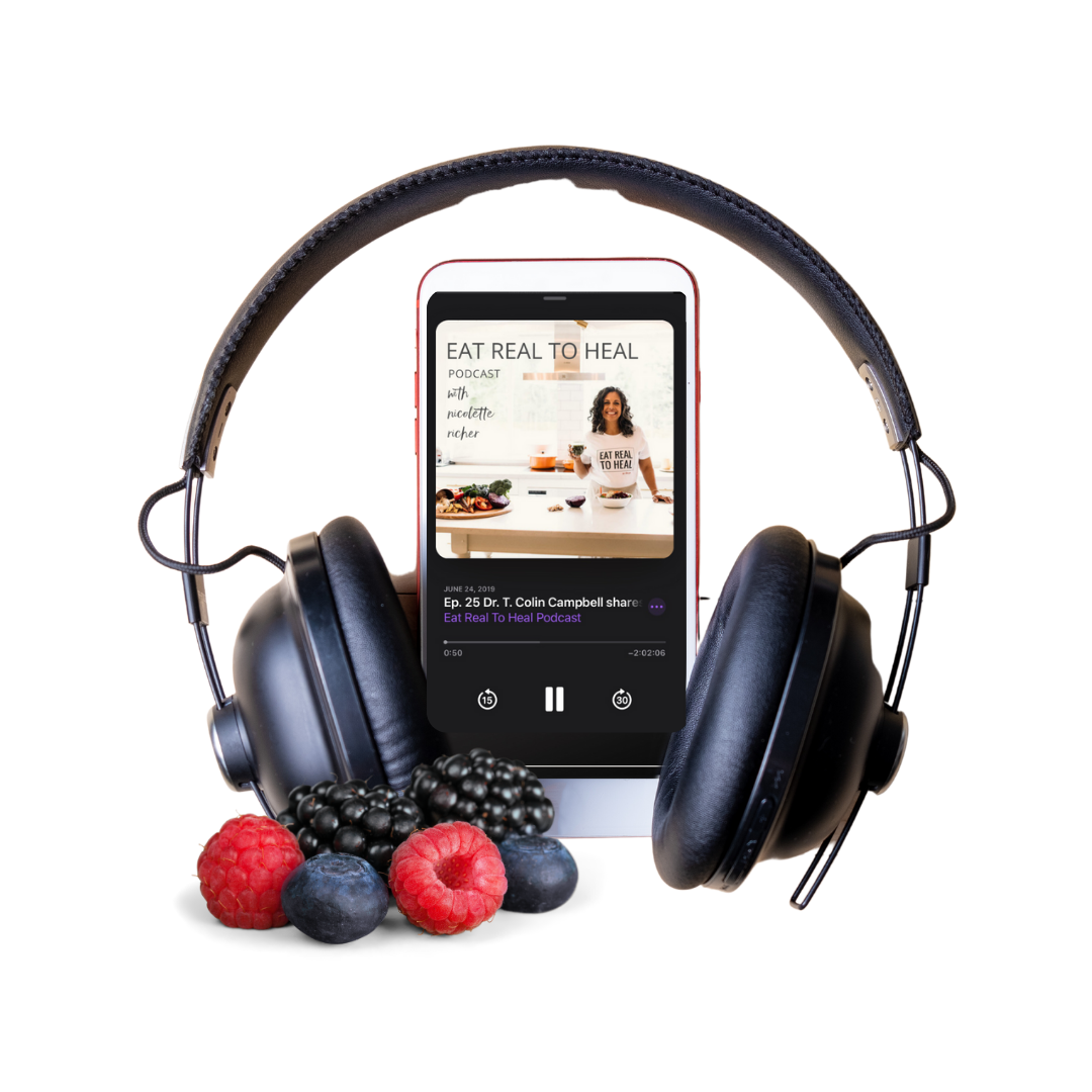 A smartphone displaying a podcast episode titled 'Eat Real to Heal' with a woman in a kitchen on the screen, surrounded by black headphones and assorted berries (raspberries, blackberries, blueberries) in front of the phone.