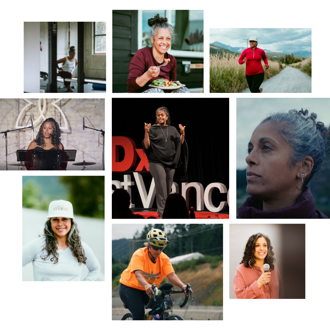 Collage of women engaging in various activities: lifting weights at the gym, eating a salad, jogging outdoors, giving a TEDx talk, reading music, cycling, and talking into a microphone on stage.