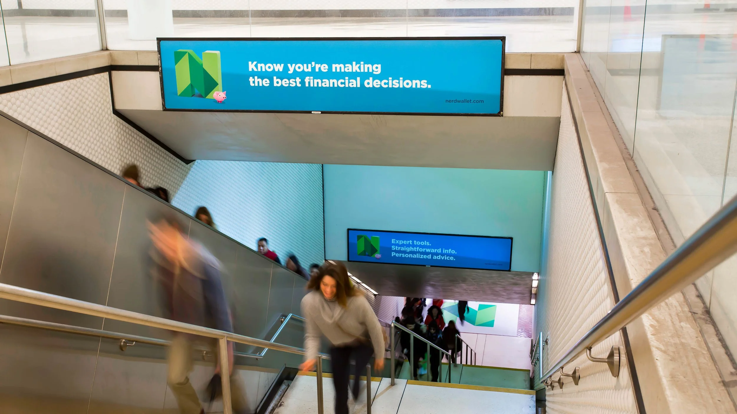 NerdWallet OOH advertising in a BART station in downtown San Francisco.