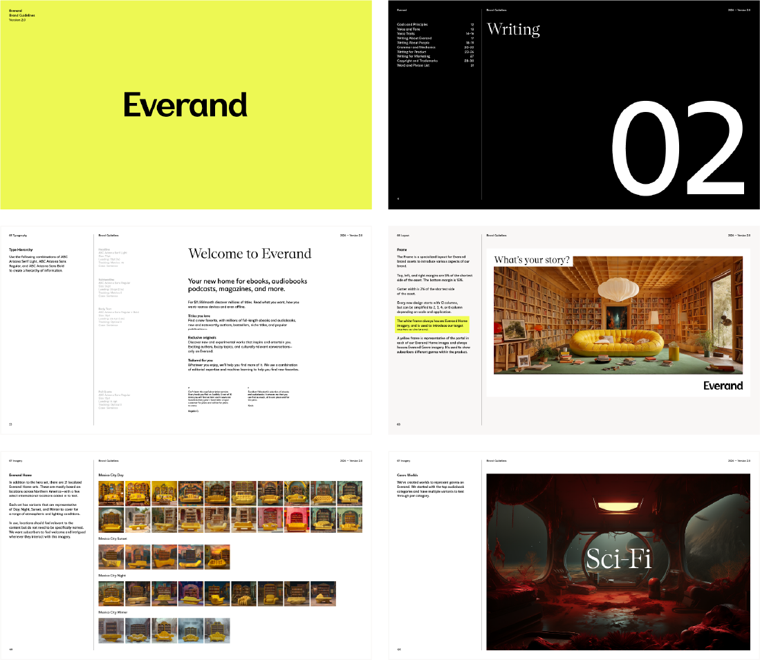 Everand brand guidelines sample pages, part 1.