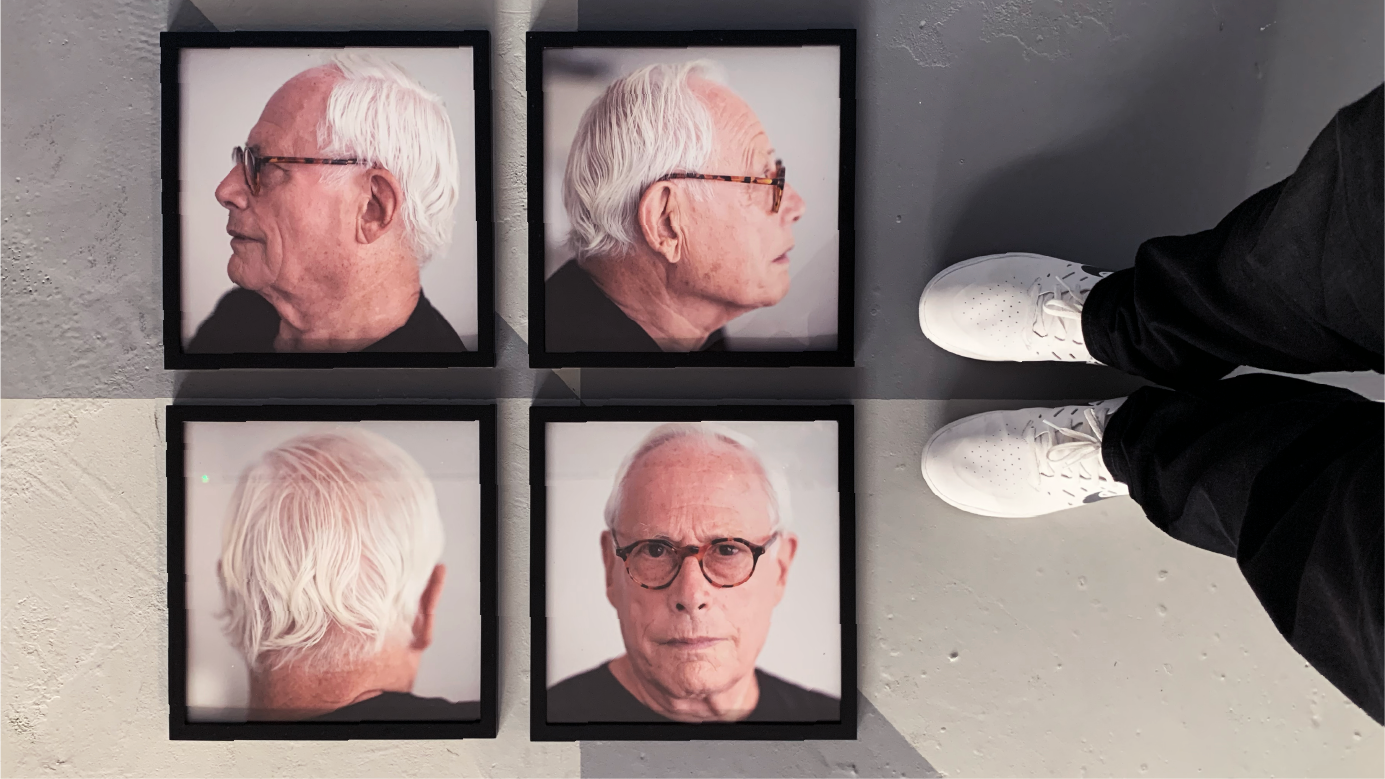Portraits of Dieter Rams on the ground at the Vitsoe store in London.