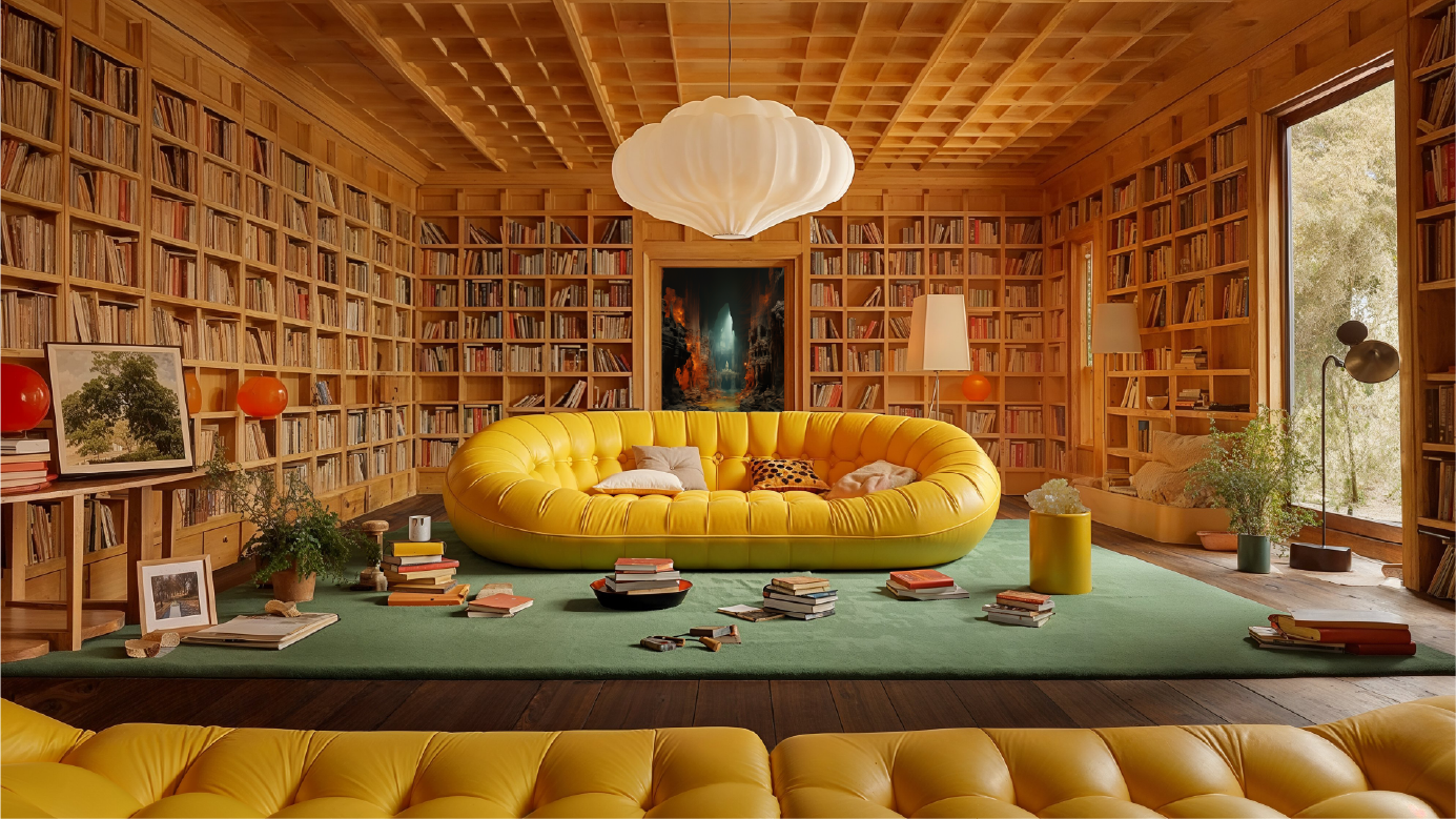 A yellow couch in a warm, wood-paneled library with a window to another world behind it. Everand's recurring container.