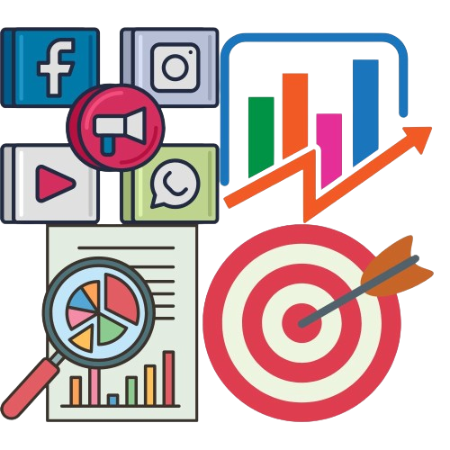 Digital marketing icons including social media logos, analytics charts, target with arrow, graph, and magnifying glass over a report.