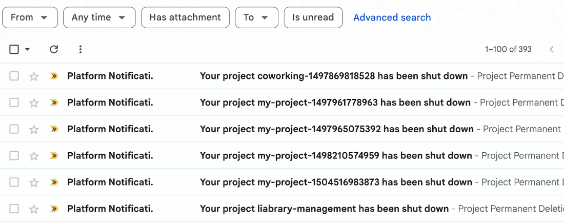 Gmail Screenshot after deleting 393 GCP Projects