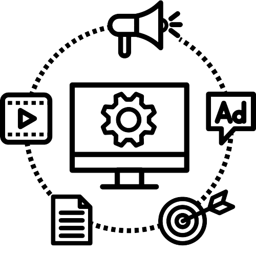 Digital marketing icons surrounding a computer screen with gear symbol. Includes megaphone, video, ad, document, and target with arrow icons.