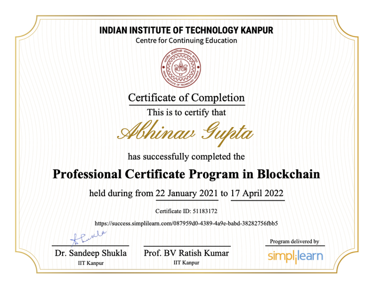 Blockchain certificate from IIT Kanpur
