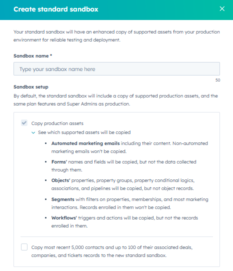 Create a new sandbox standard one on hubspot