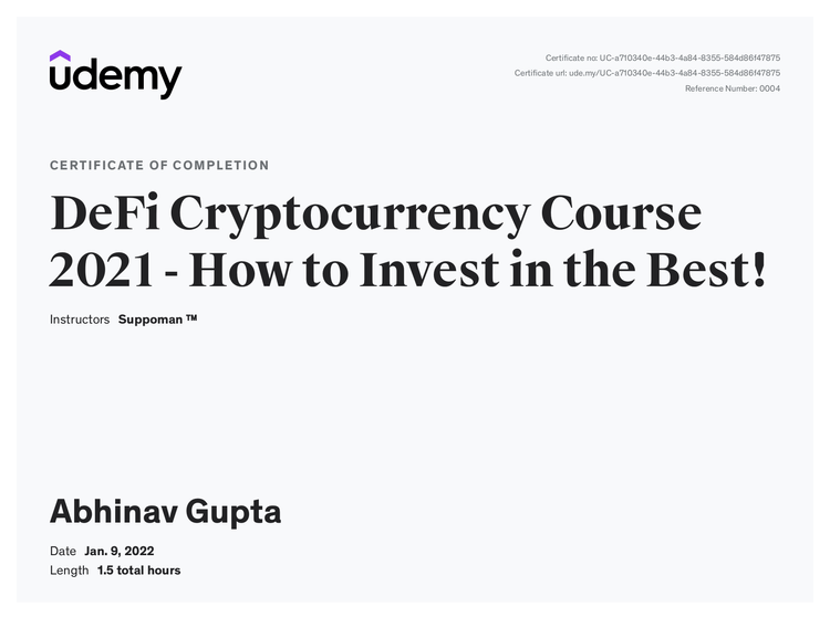 DeFi Cryptocurrency Course certificate from Udemy