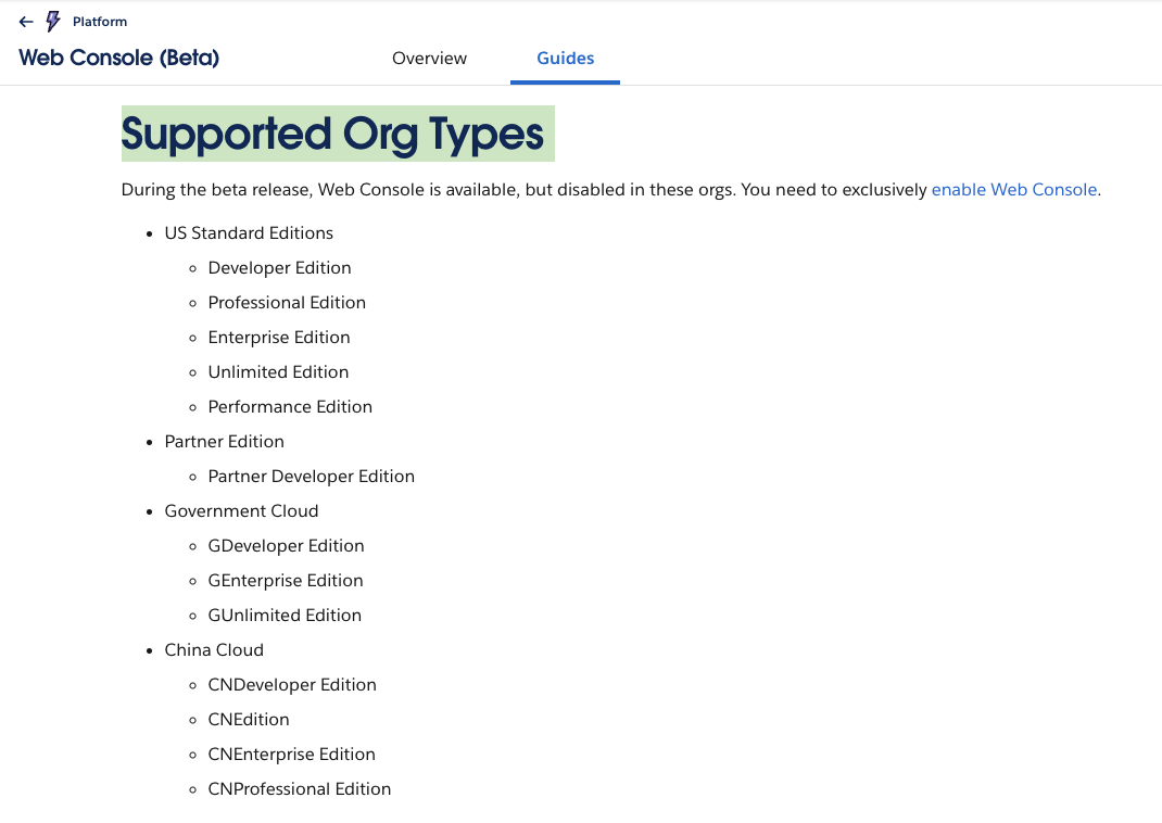 Salesforce Web Console Supported Org Types