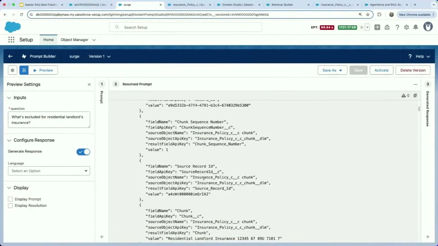 Agentforce Prompt Builder Resolved Prompt pane showing raw retrieved chunk JSON for an insurance policy question