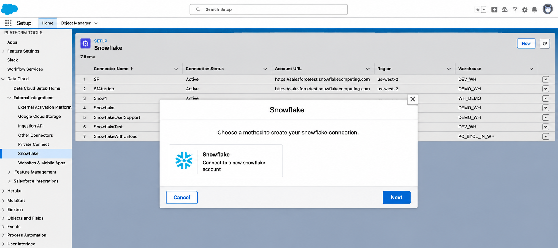 Salesforce Data Cloud Snowflake connection setup