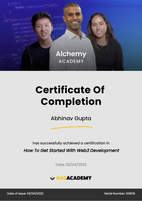 Web3 Development certificate from Nas Academy