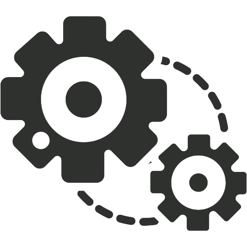 Two interlocking gears with a dotted line indicating movement