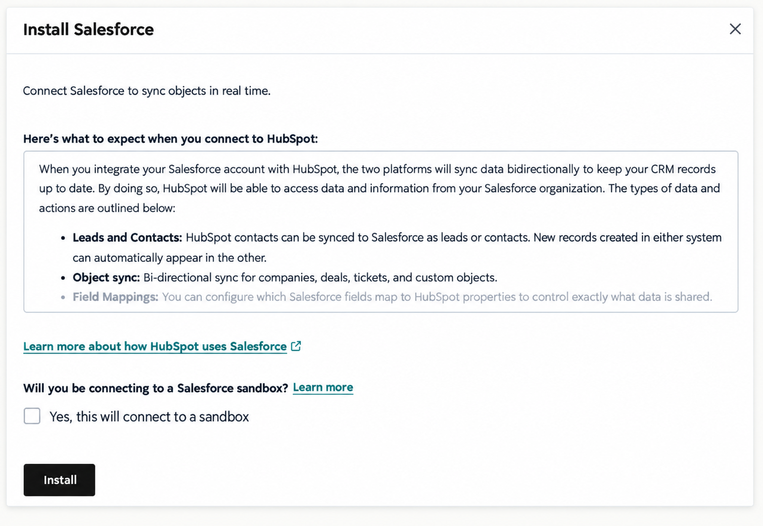 HubSpot screen for installing the Salesforce integration.