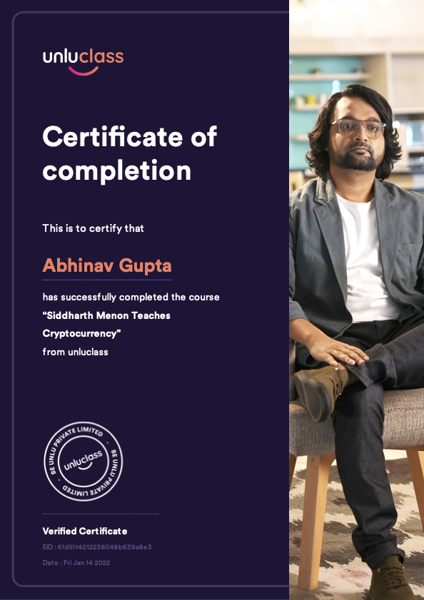 Cryptocurrency Course certificate from Unlu