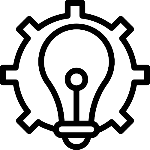 Light bulb icon inside a gear symbol, representing innovation or technical ideas.