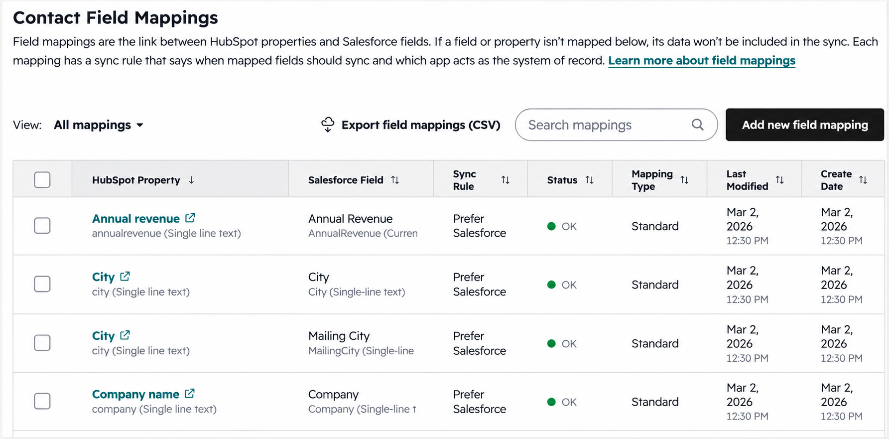 HubSpot Salesforce contact field mappings and sync rules.