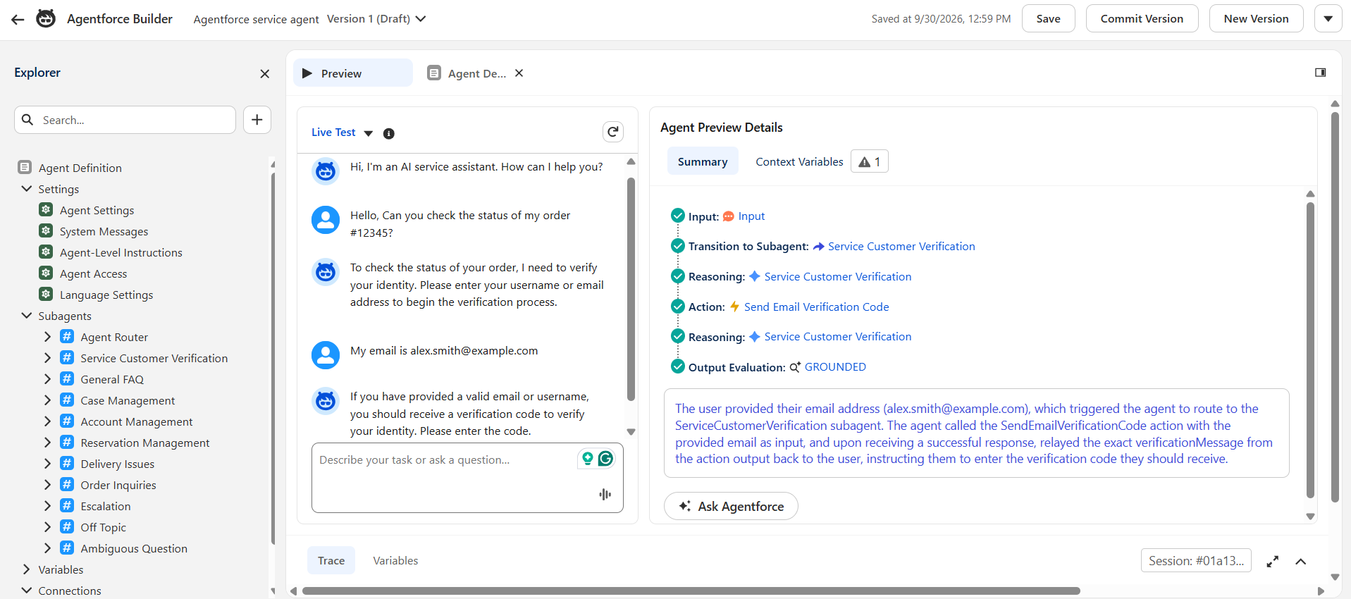 Live test and agent preview (along with detail summary) in Agentforce Plan Tracer