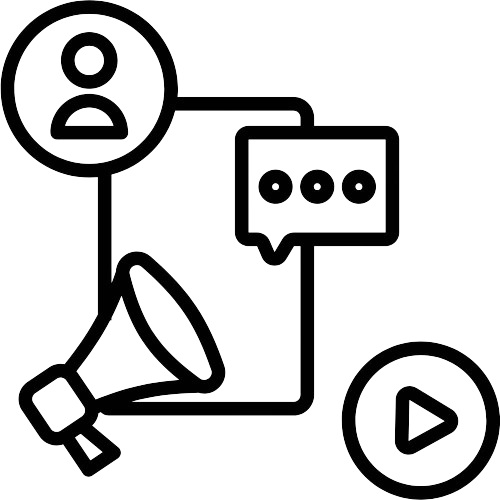 Social media icons including a user, chat bubble, megaphone, and play button