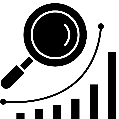 Magnifying glass over rising bar graph icon, symbolizing data analysis or growth.