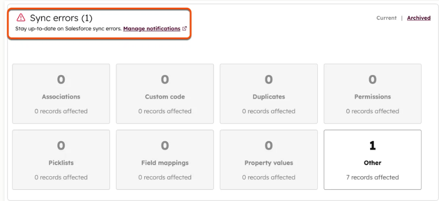 HubSpot Salesforce sync health dashboard showing errors and affected records.