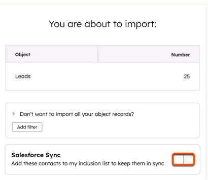 HubSpot import settings for enabling Salesforce contact sync.