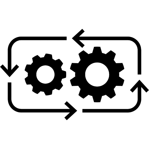 Two interlocking gears with arrows symbolizing process or workflow