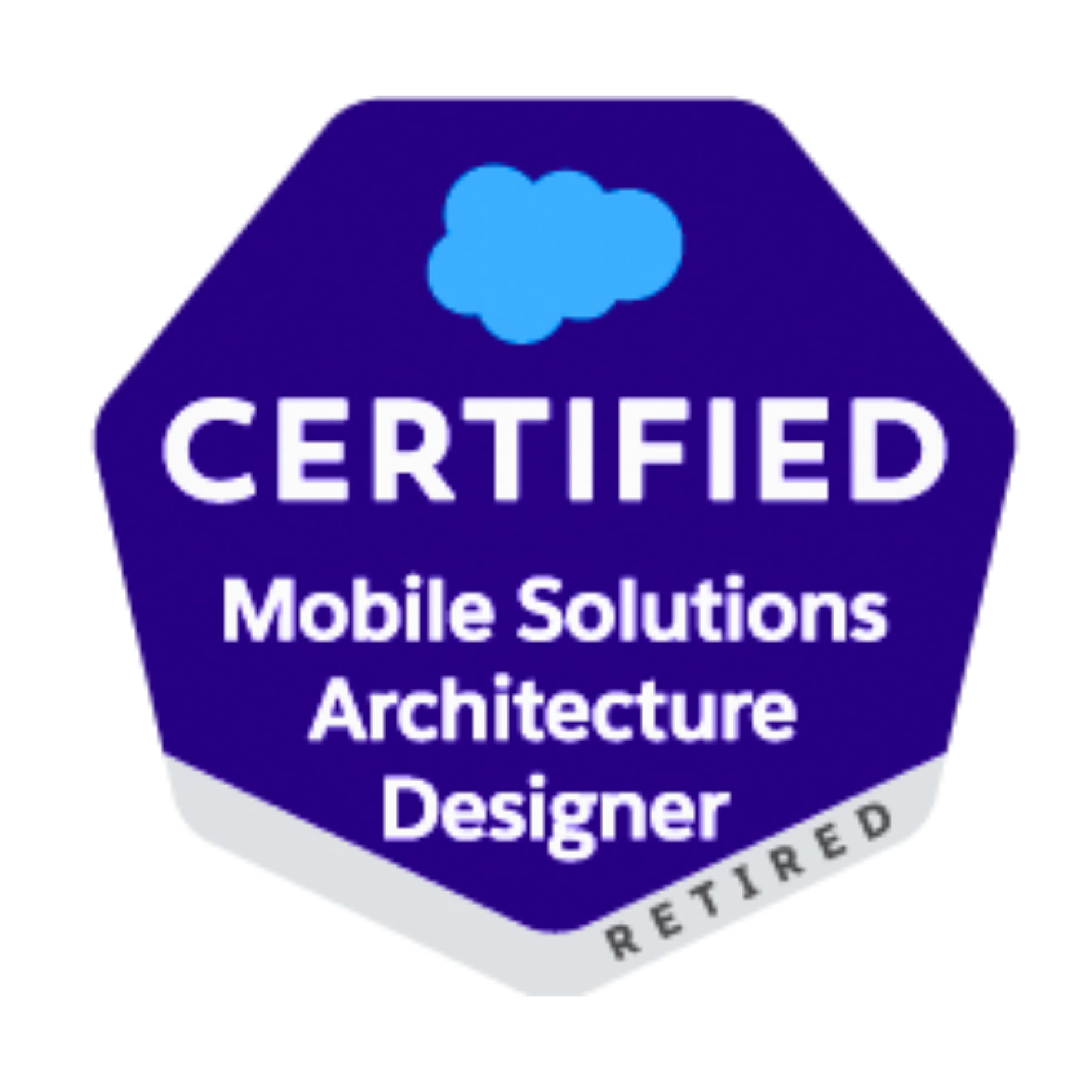 Badge with text 'Certified Mobile Solutions Architecture Designer' and 'Retired', featuring a cloud icon.