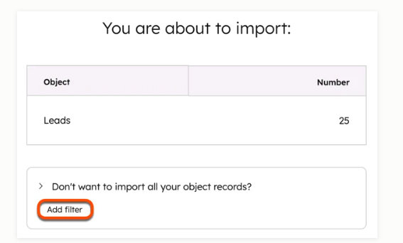 HubSpot Salesforce import screen showing lead records and filter options.