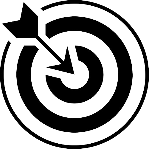 Black and white silhouette of a target with an arrow hitting the bullseye, featuring a star-shaped arrowhead.