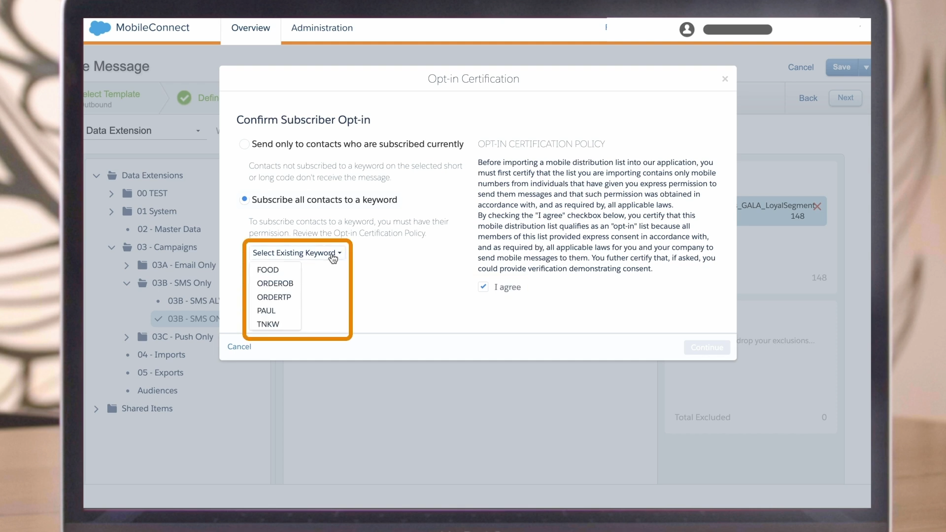 Configure keywords and opt-in/opt-out (Image source SF support)