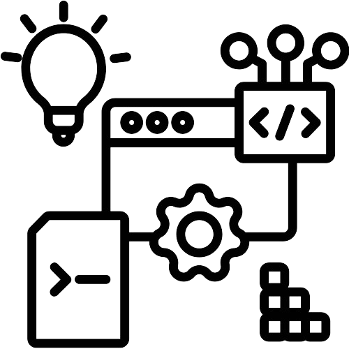 Icon representing software development process, featuring a light bulb, code window, gear, command line, and network nodes.