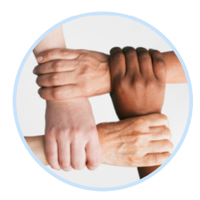 Four hands joined in a square, representing unity and teamwork.